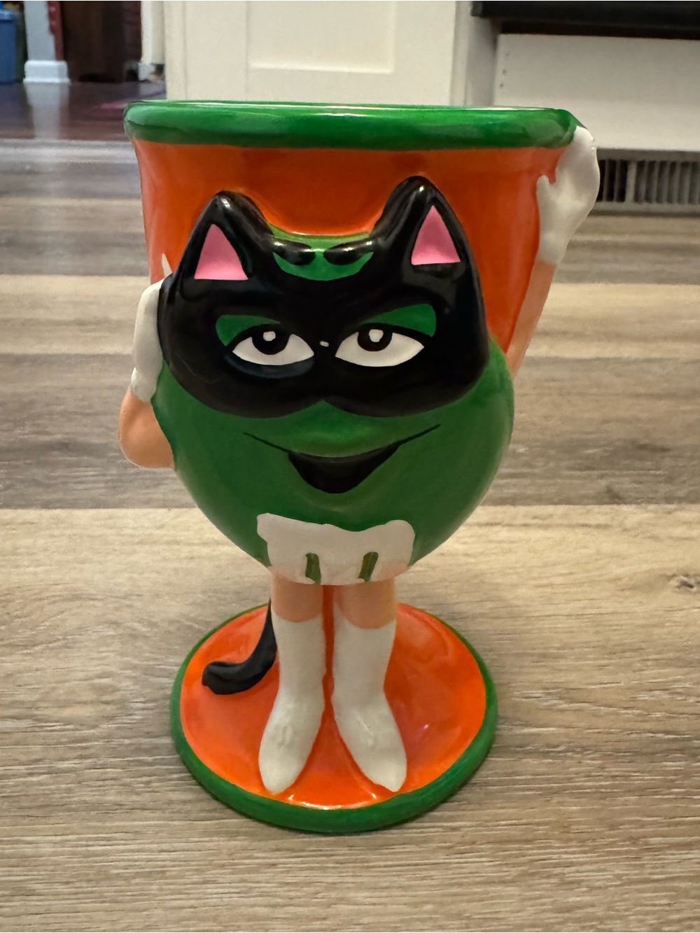Green M&M Halloween Cat Costume Ceramic 6” Cup Goblet Orange and Green